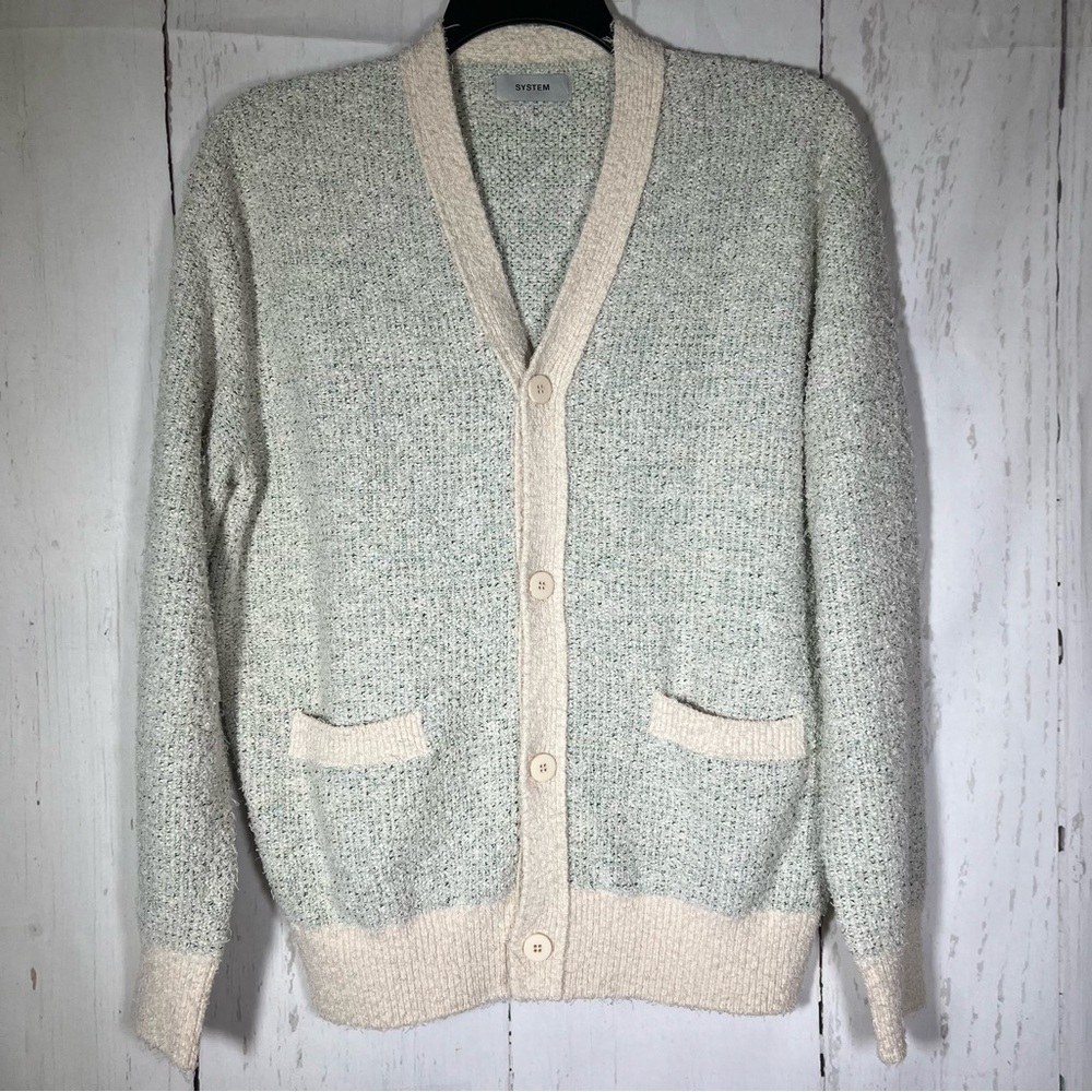 System Men’s Textured Knit Polyester Blend Cardigan Sweater Size Medium 95